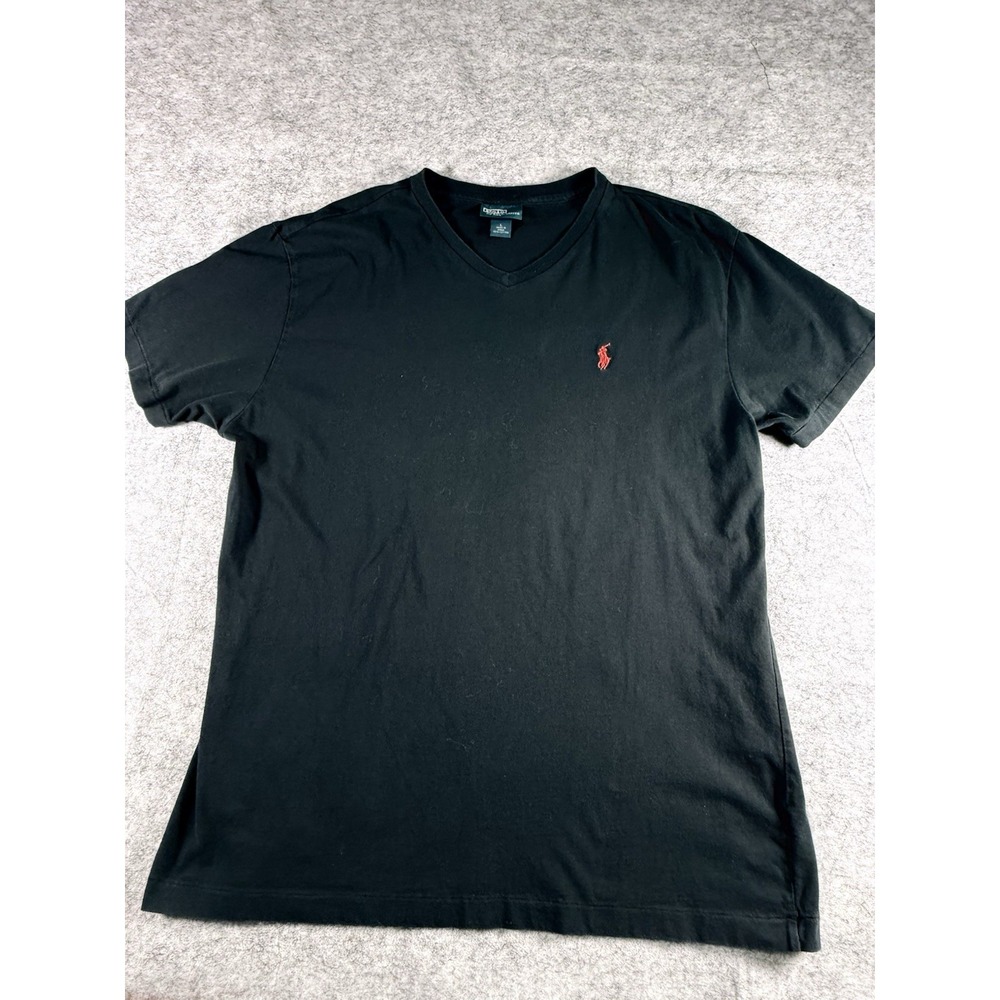 Polo Ralph Lauren T-Shirt Men's Large V-Neck Black Short Sleeve Cotton Red Pony